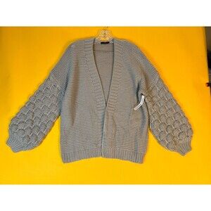 RDI Chunky Knit Cardigan Sweater Grey Womens S Bubble Sleeve Open Front NWT